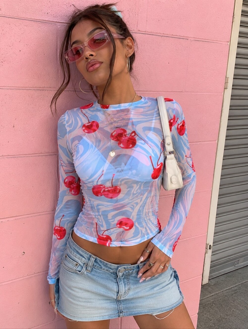 ASOS Design Cherry Print Sheer Mesh Long Sleeve Top Size 2